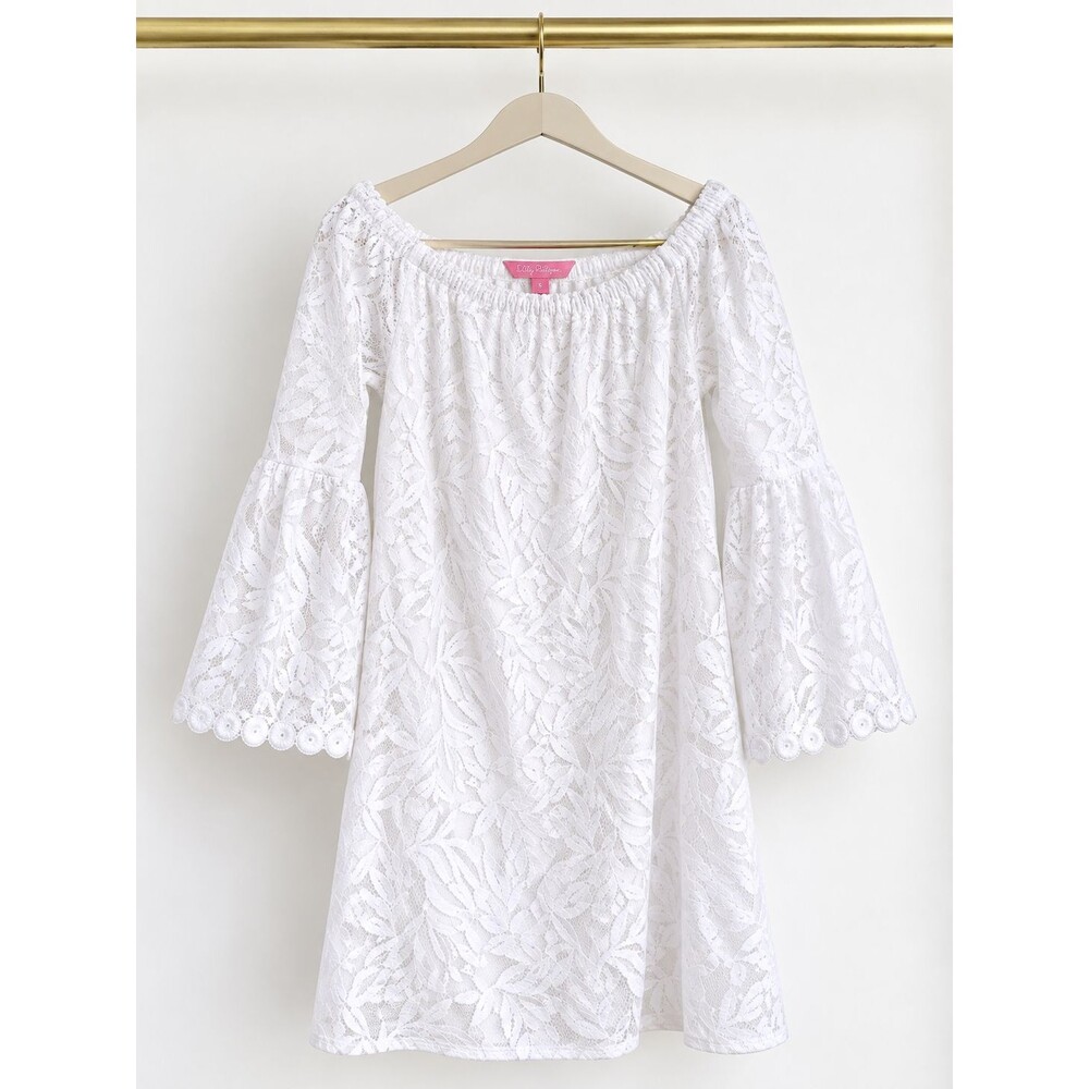 Lilly Pulitzer Nevie Off Shoulder Dress 002421 S Dec 2019 Swirling Leaf Lace